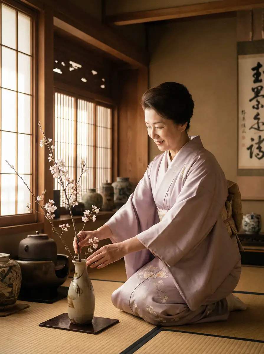 一位优雅的 60彩娱乐网站 在和室中插花
